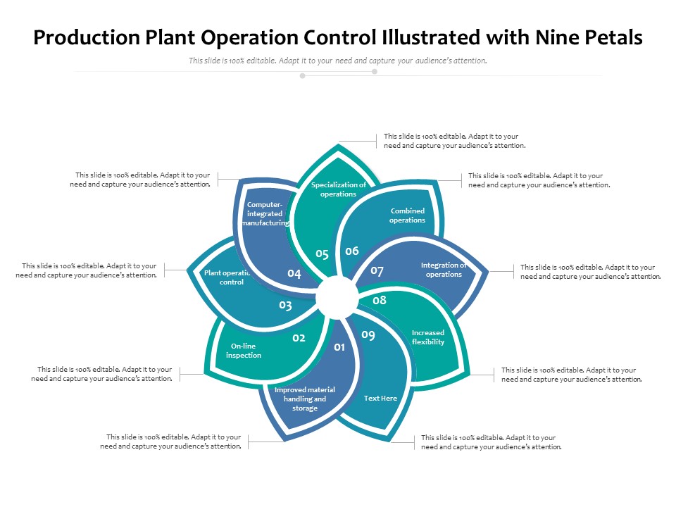 Production Plant Operation Control Illustrated With Nine Petals Ppt PowerPoint Presentation Styles Deck PDF