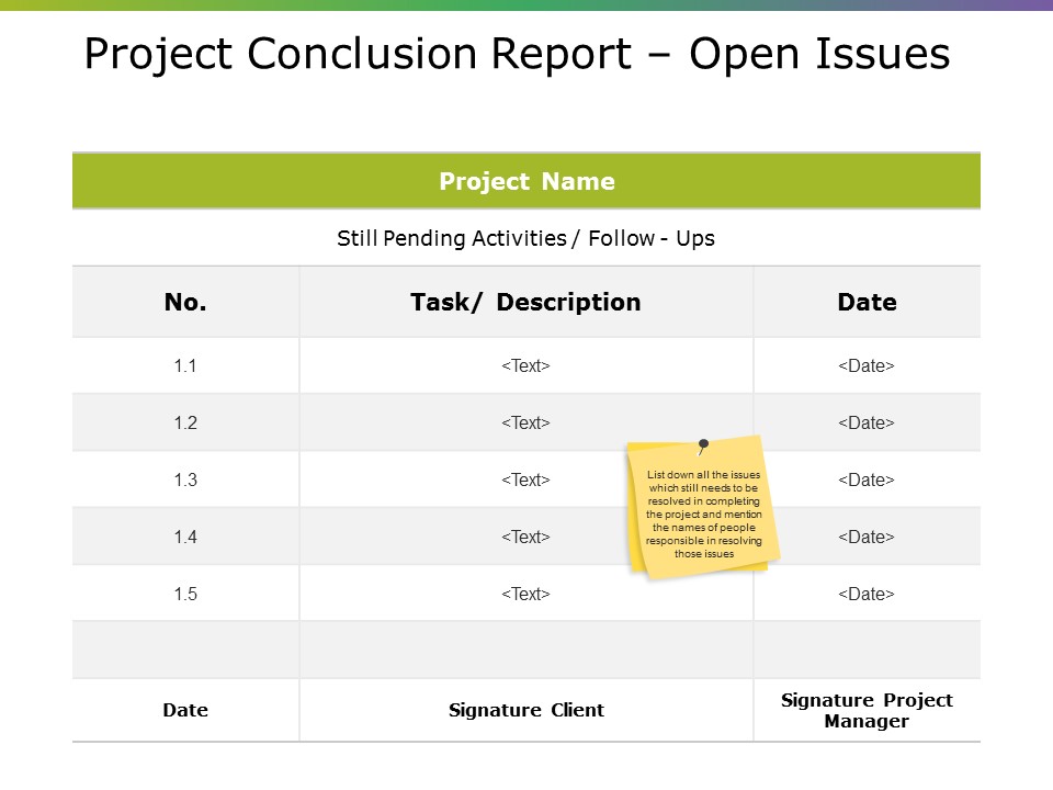 Project Conclusion Report Open Issues Ppt PowerPoint Presentation Background Designs