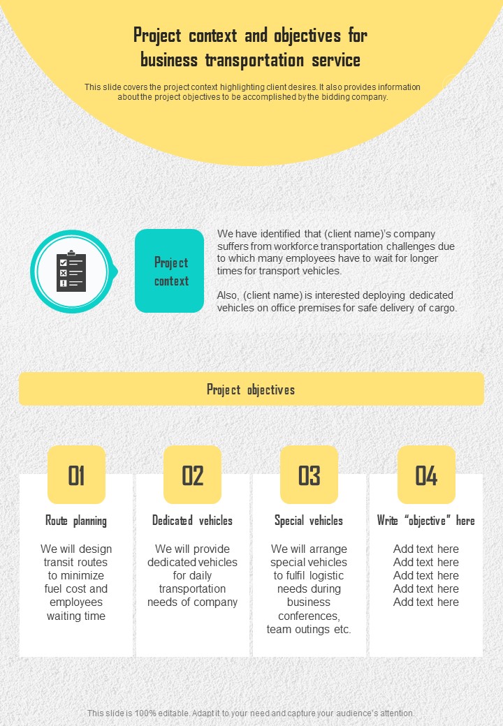 Project Context And Objectives For Business Transportation Service One Pager Sample Example Document