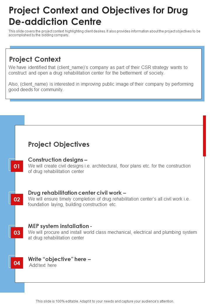 Project Context And Objectives For Drug De Addiction Centre One Pager Sample Example Document