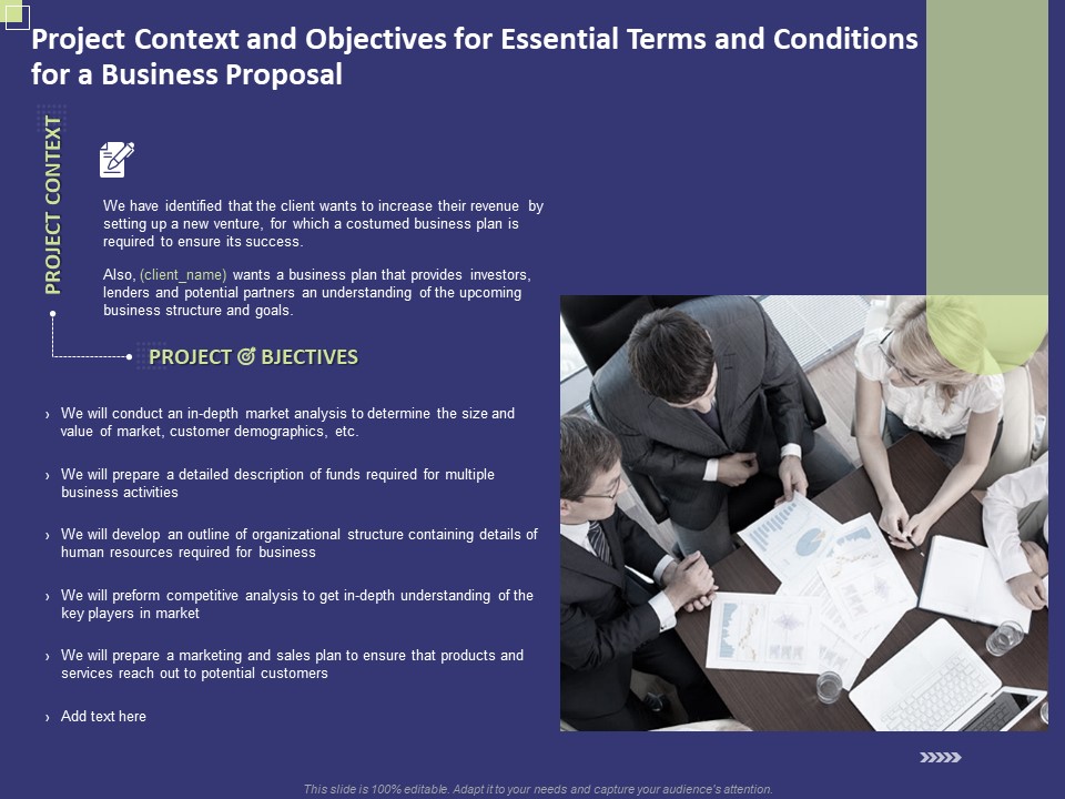 Project Context And Objectives For Essential Terms And Conditions For A Business Proposal Slides PDF