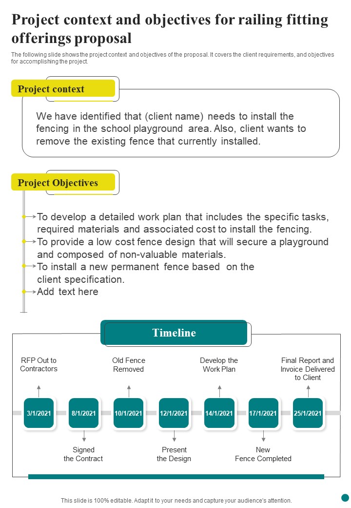 Project Context And Objectives For Railing Fitting Offerings Proposal One Pager Sample Example Document