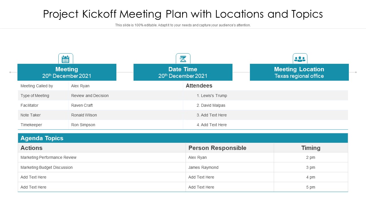 Project Kickoff Meeting Plan With Locations And Topics Ppt PowerPoint Presentation File Format PDF