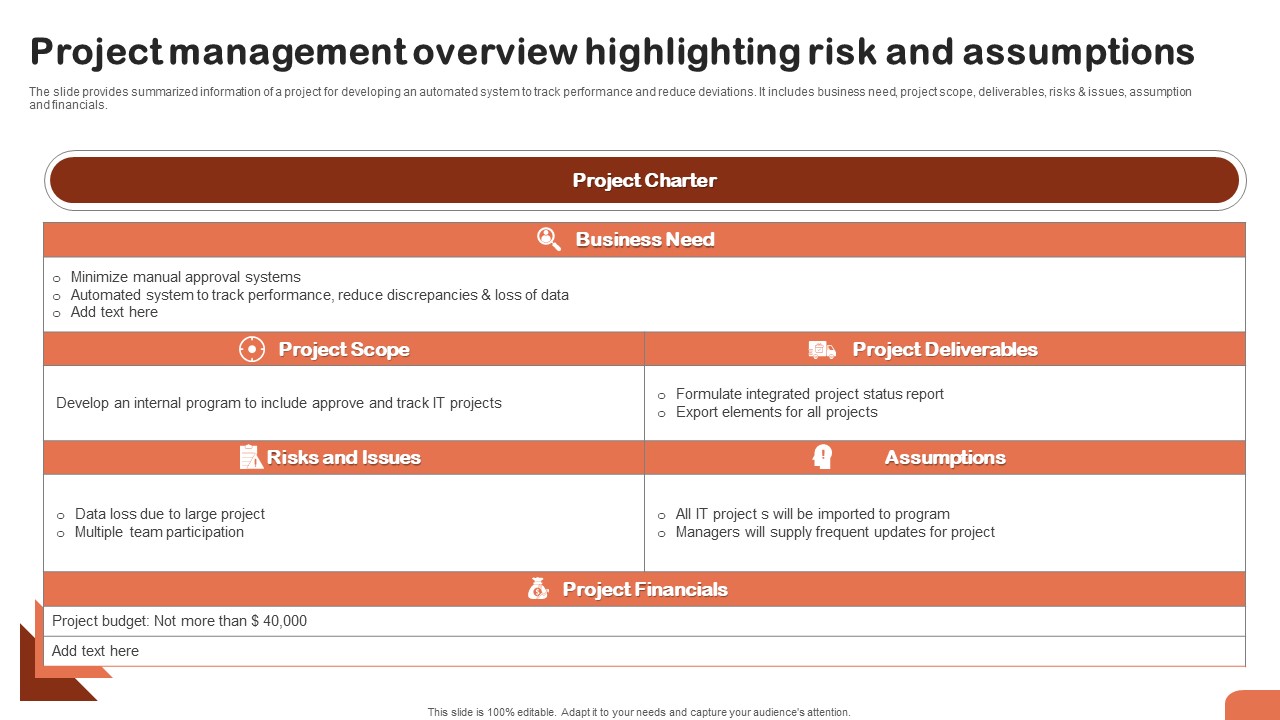 Project Management Overview Highlighting Risk And Assumptions Icons PDF
