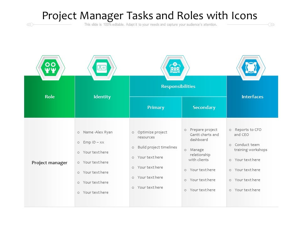 Project Manager Tasks And Roles With Icons Ppt PowerPoint Presentation Summary Slide Portrait