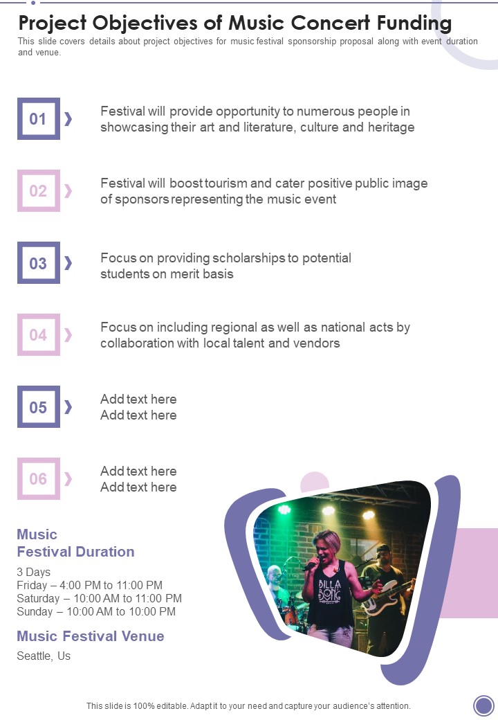 Project Objectives Of Music Concert Funding One Pager Sample Example Document