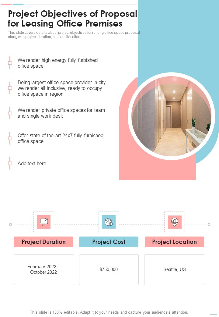 Project Objectives Of Proposal For Leasing Office Premises One Pager Sample Example Document