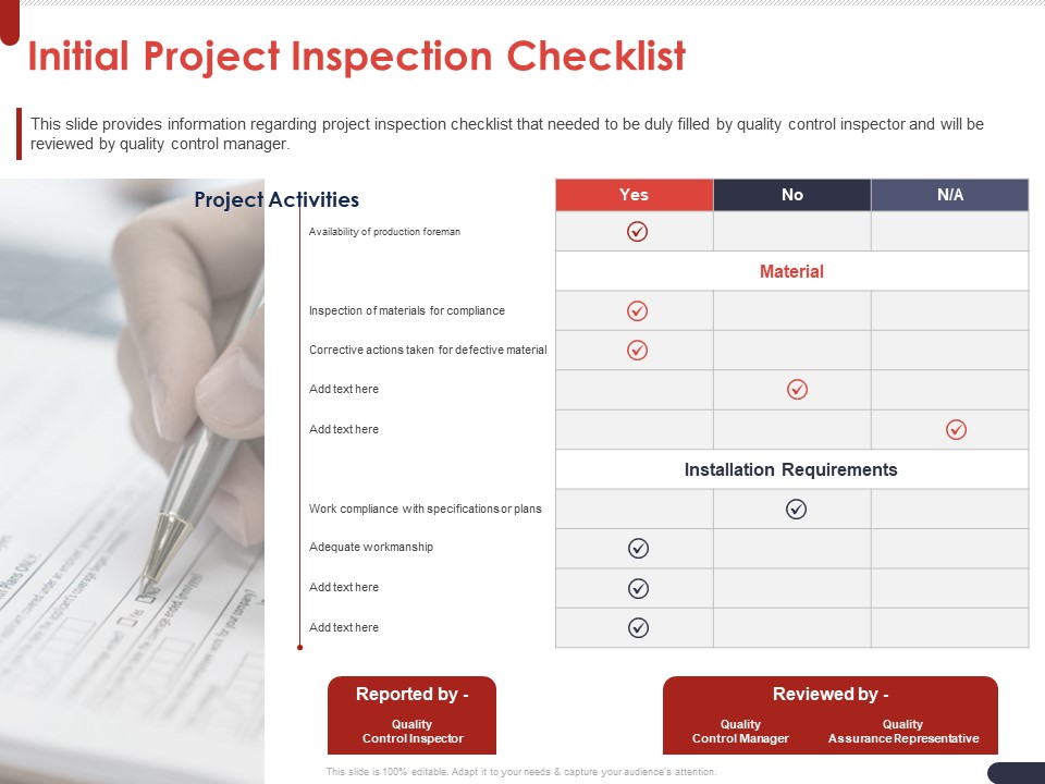 Project Quality Planning And Controlling Initial Project Inspection Checklist Mockup PDF