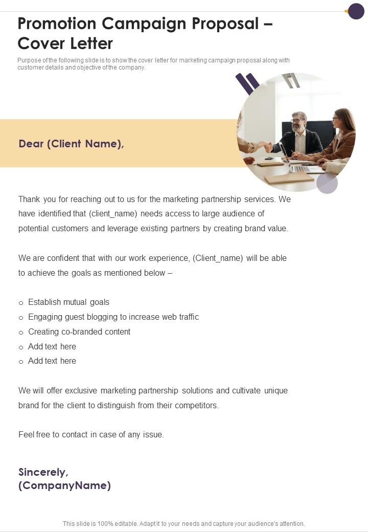 Promotion Campaign Proposal Cover Letter One Pager Sample Example Document
