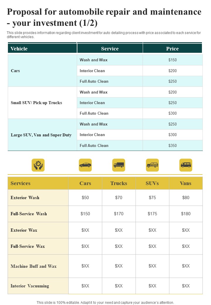 Proposal For Automobile Repair And Maintenance Your Investment One Pager Sample Example Document
