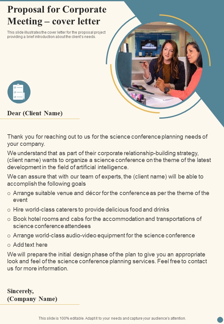 Proposal For Corporate Meeting Cover Letter One Pager Sample Example Document