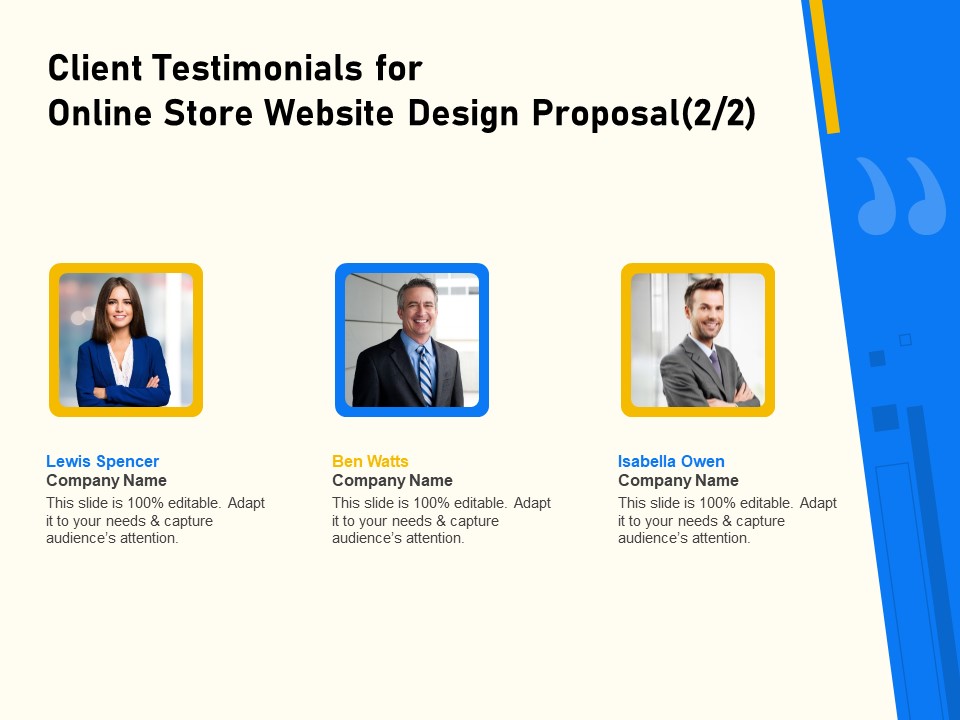 Proposal For Ecommerce Website Development Client Testimonials For Online Store Website Design Proposal Ideas PDF