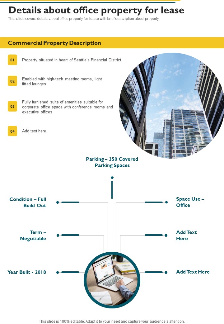 Proposal For Renting Office Building Details About Office Property One Pager Sample Example Document