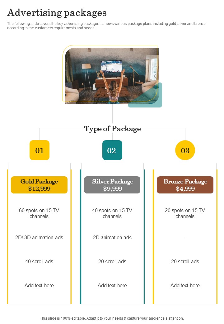 Proposal For Television Advertisement Services Advertising Packages One Pager Sample Example Document
