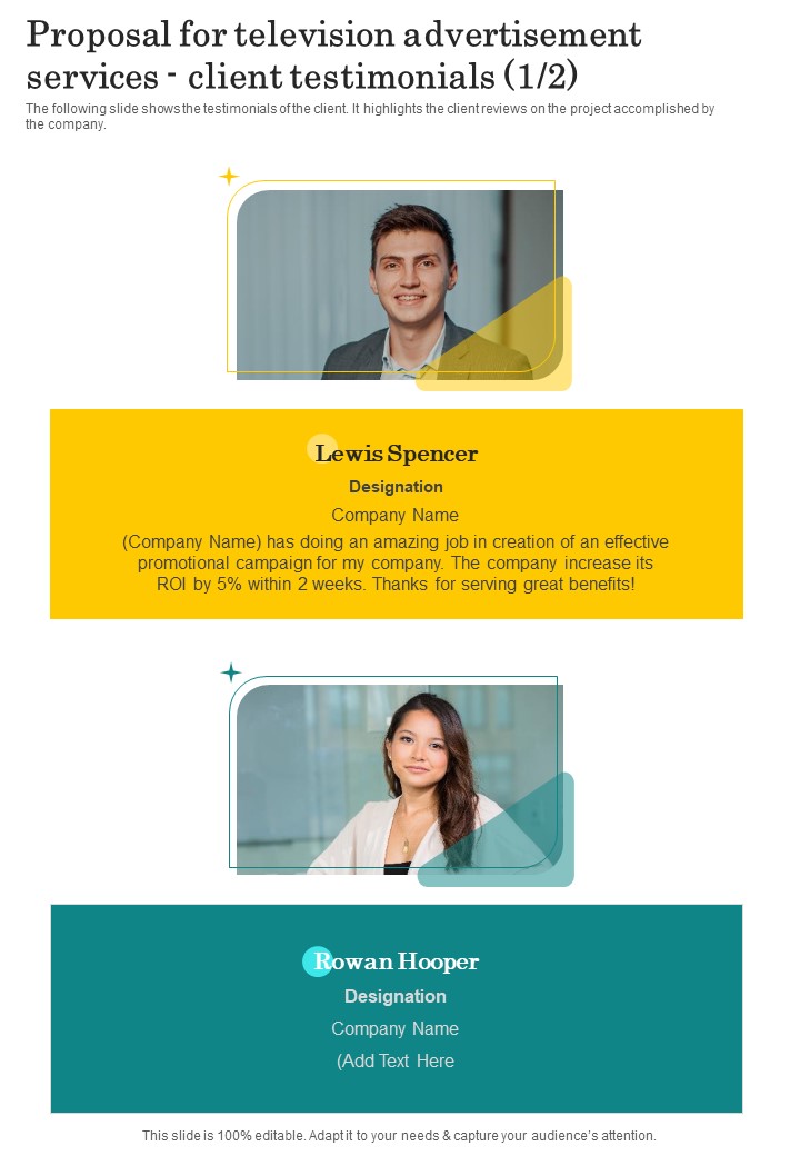 Proposal For Television Advertisement Services Client Testimonials One Pager Sample Example Document