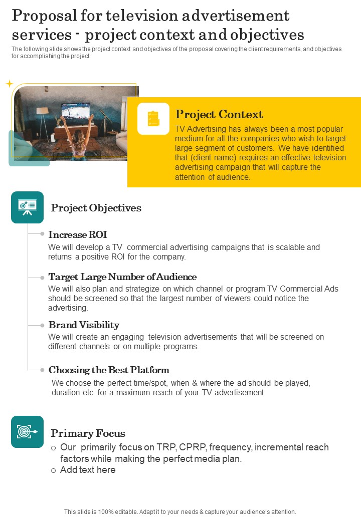 Proposal For Television Advertisement Services Project Context Objectives One Pager Sample Example Document