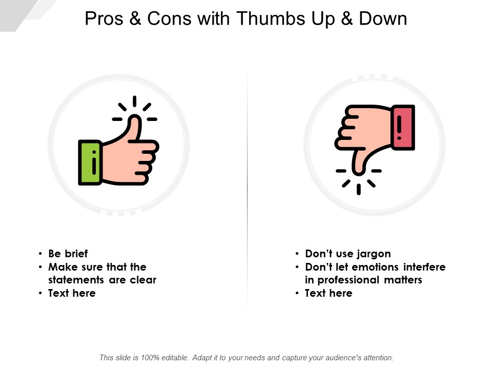 Pros And Cons With Thumbs Up And Down Ppt PowerPoint Presentation Styles Show