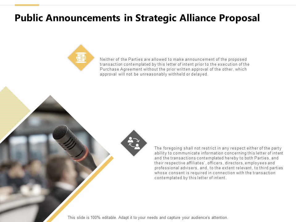 Public Announcements In Strategic Alliance Proposal Ppt PowerPoint Presentation Show Designs Download
