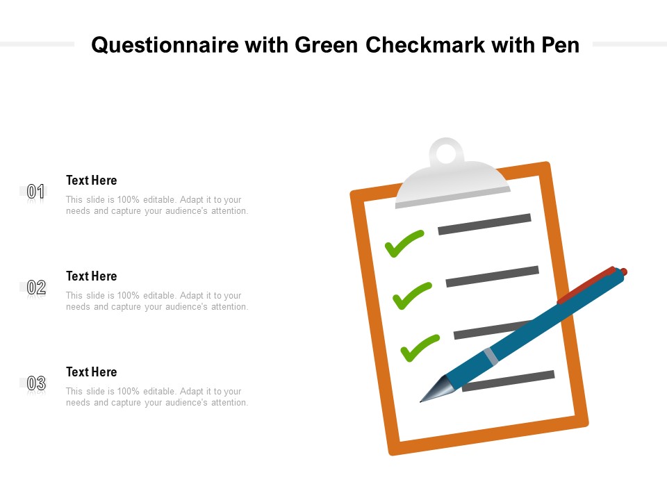 Questionnaire With Green Checkmark With Pen Ppt PowerPoint Presentation Gallery Maker PDF