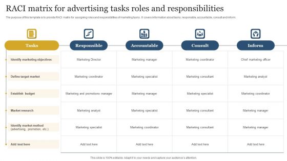 RACI Matrix For Advertising Tasks Roles And Responsibilities Professional PDF