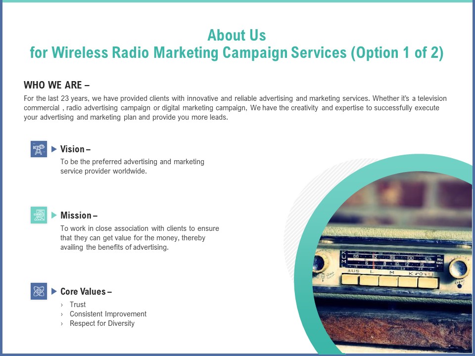Radio Marketing Plan Product Launch About Us For Wireless Radio Marketing Campaign Services Clipart PDF