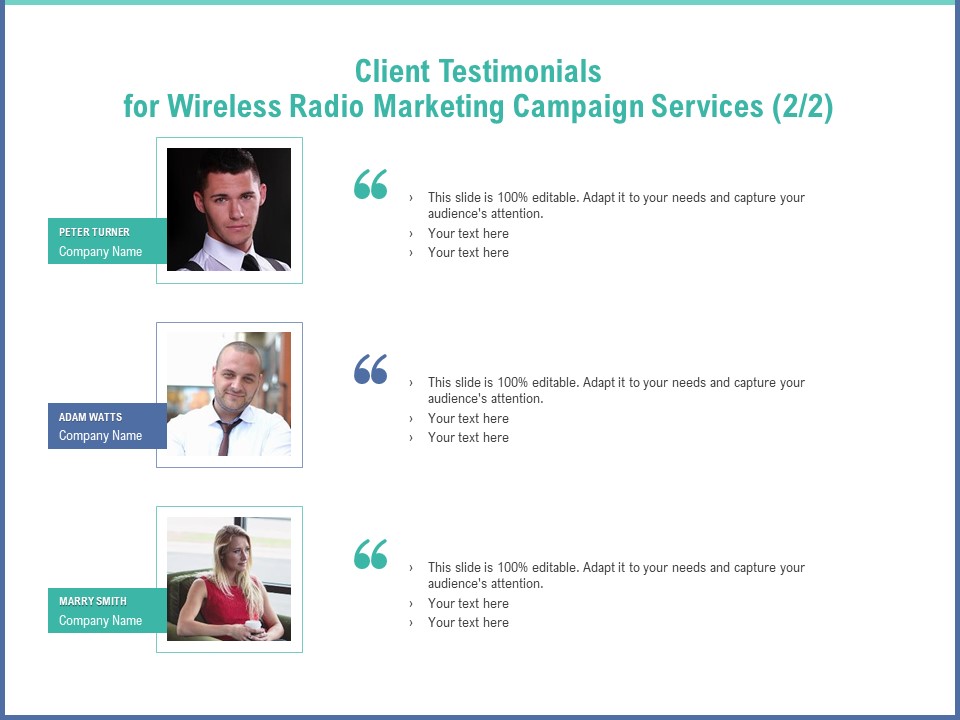 Radio Marketing Plan Product Launch Client Testimonials For Wireless Radio Marketing Campaign Services Audience Introduction PDF