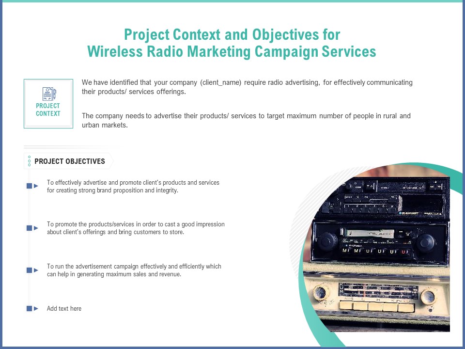 Radio Marketing Plan Product Launch Project Context And Objectives For Wireless Radio Marketing Campaign Services Topics PDF