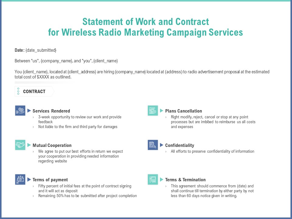 Radio Marketing Plan Product Launch Statement Of Work And Contract For Wireless Radio Marketing Campaign Services Information PDF