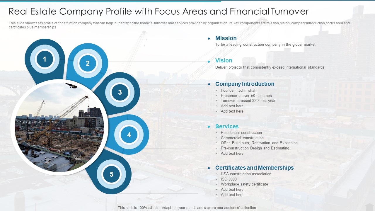 Real Estate Company Profile With Focus Areas And Financial Turnover Professional PDF