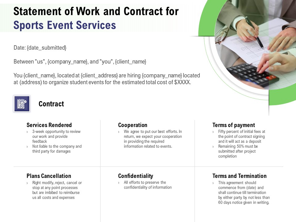 Recreational Program Proposal Statement Of Work And Contract For Sports Event Services Ppt Outline Visuals PDF