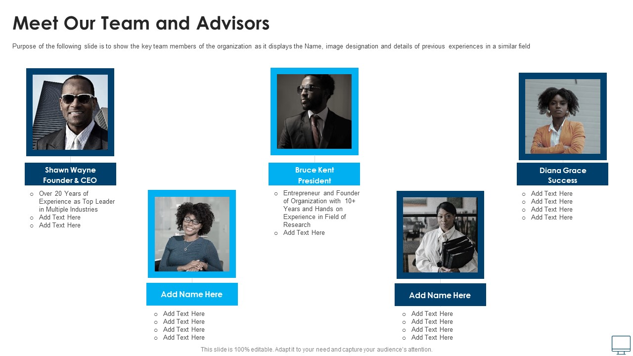 Recruitment Sector Capital Raising Elevator Meet Our Team And Advisors Designs PDF