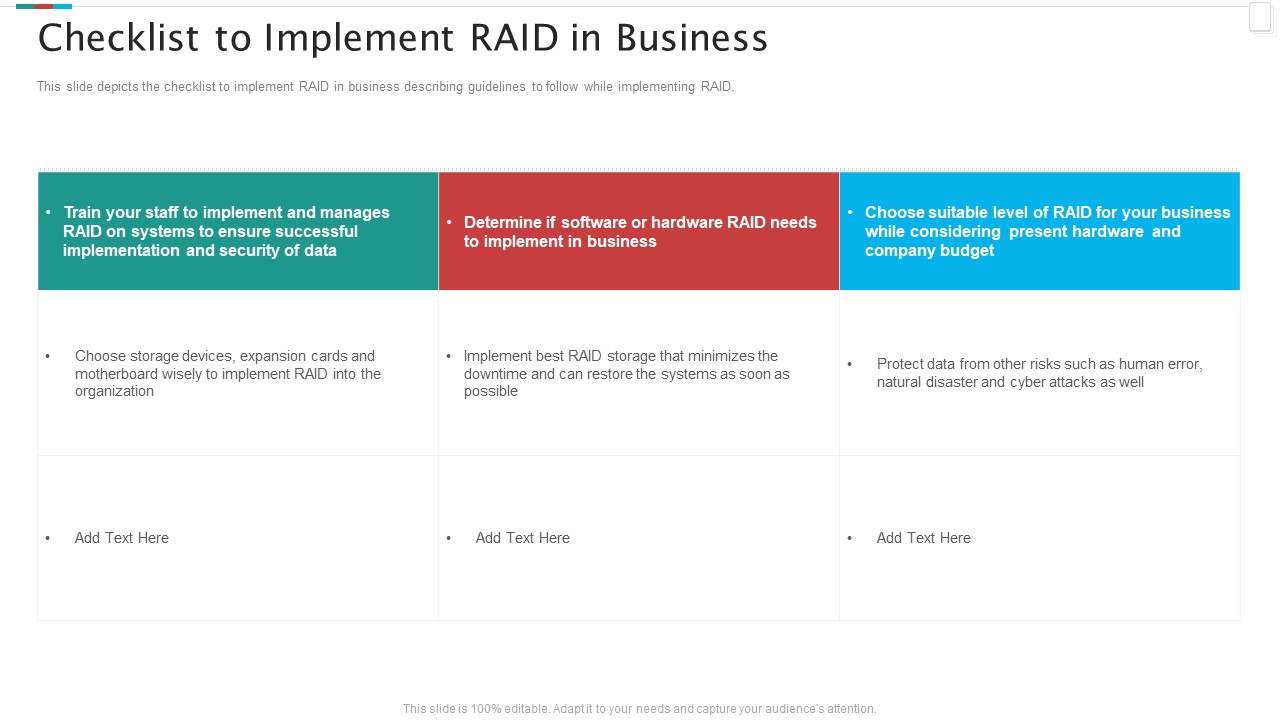Redundant Array Of Independent Disks Storage IT Checklist To Implement RAID In Business Formats PDF
