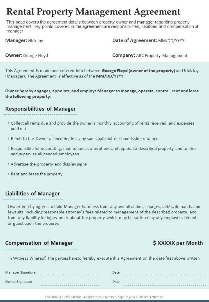Rental Property Management Agreement One Pager Documents
