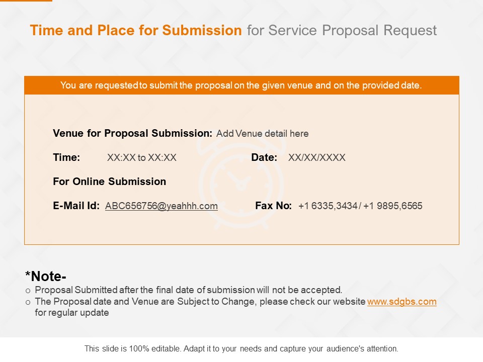 Request Corporate Work Time And Place For Submission For Service Proposal Ppt Model Deck PDF
