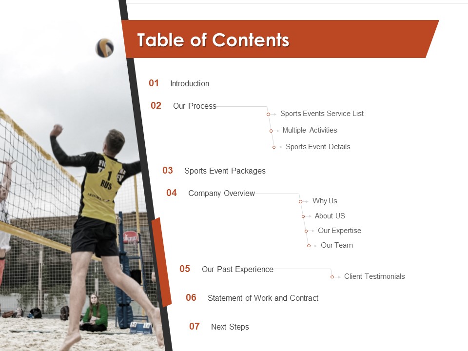 Request For Sporting Table Of Contents Experience Ppt Model Slides PDF