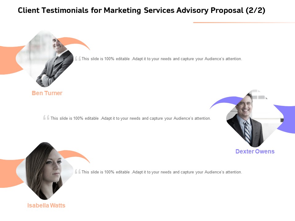 Sales Strategy Consulting Client Testimonials For Marketing Services Advisory Proposal Audience Infographics PDF
