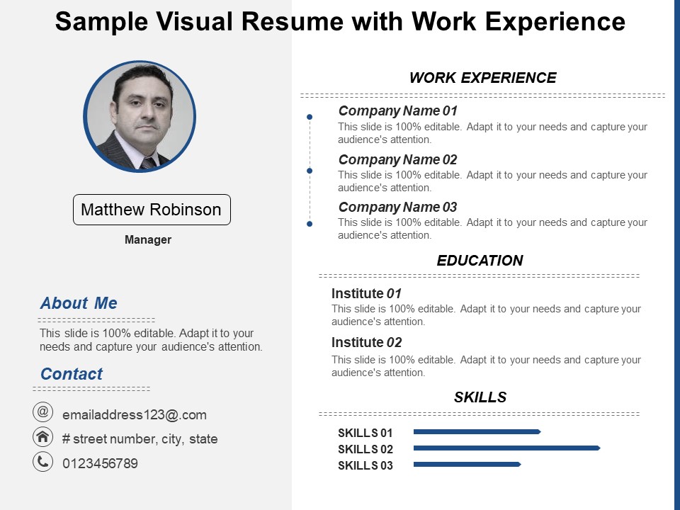 Sample Visual Resume With Work Experience Ppt PowerPoint Presentation Slides Portrait PDF