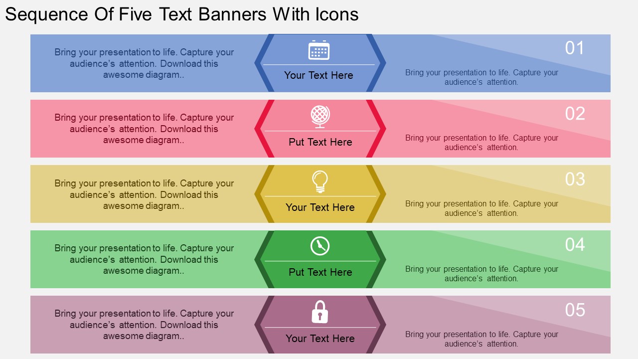 Sequence Of Five Text Banners With Icons PowerPoint Template