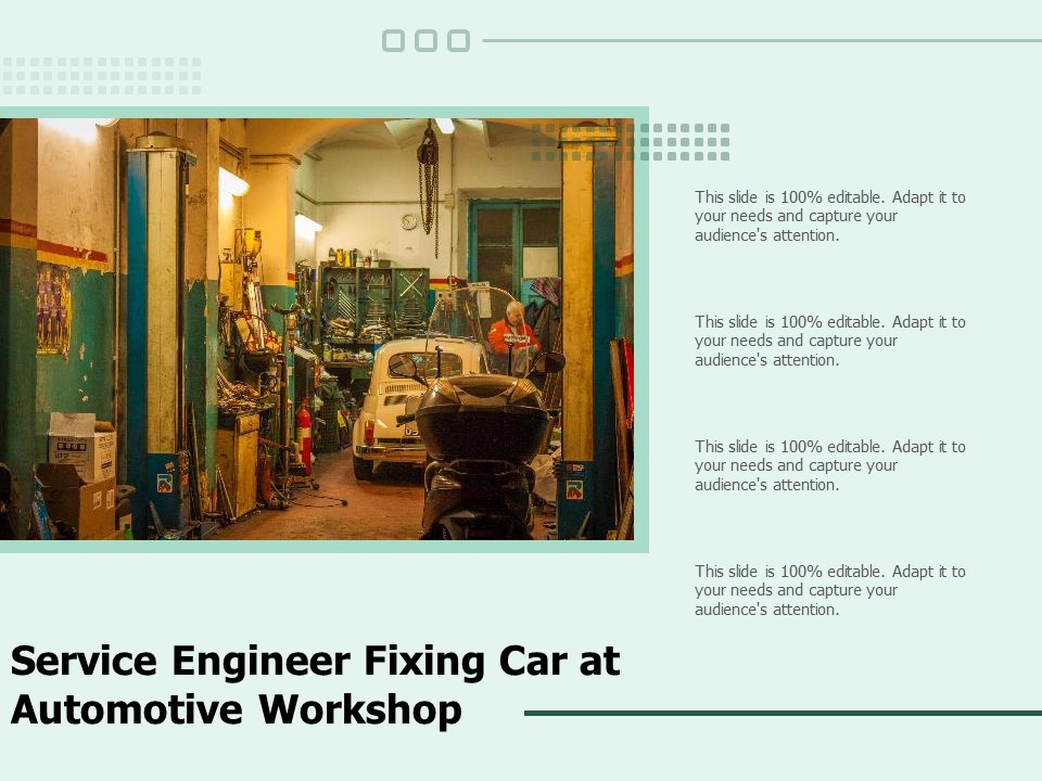 Service Engineer Fixing Car At Automotive Workshop Ppt PowerPoint Presentation File Ideas PDF