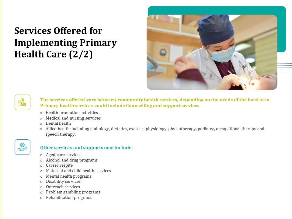 Services Offered For Implementing Primary Health Care Ppt Styles PDF