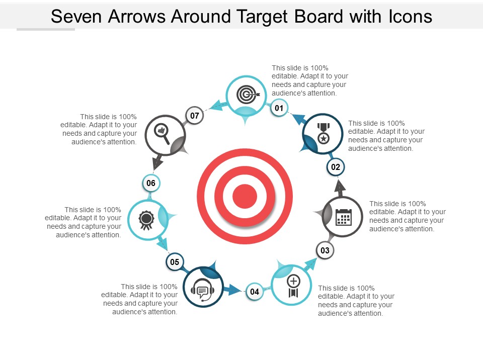 Seven Arrows Around Target Board With Icons Ppt Powerpoint Presentation Infographic Template Designs Download