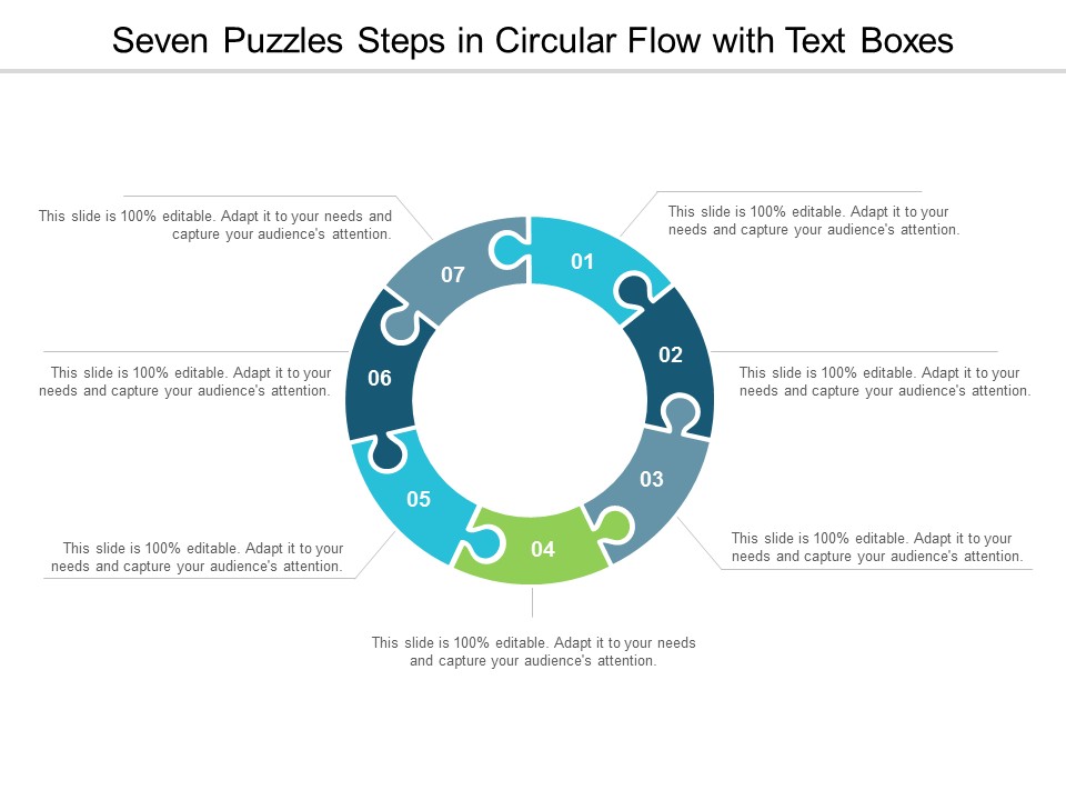 Seven Puzzles Steps In Circular Flow With Text Boxes Ppt Powerpoint Presentation Model Templates