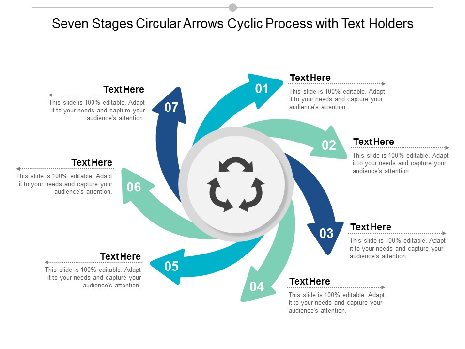 Seven Stages Circular Arrows Cyclic Process With Text Holders Ppt Powerpoint Presentation Ideas Template