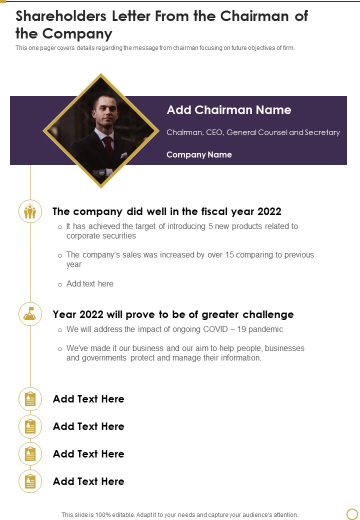 Shareholders Letter From The Chairman Of The Company Template 263 One Pager Documents