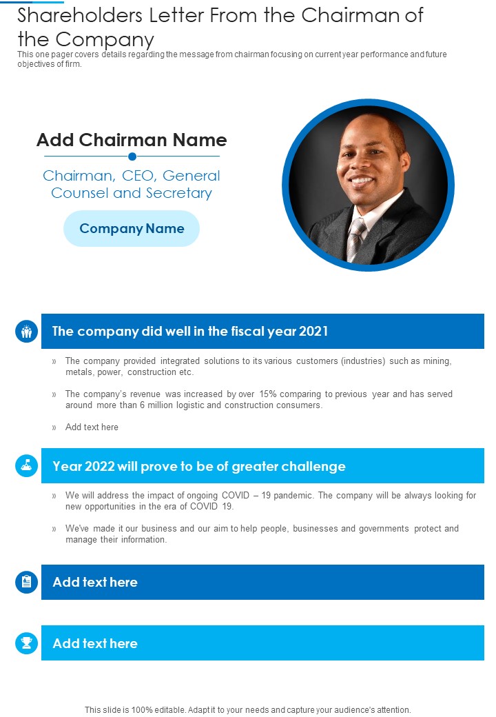 Shareholders Letter From The Chairman Of The Company Template 315 One Pager Documents