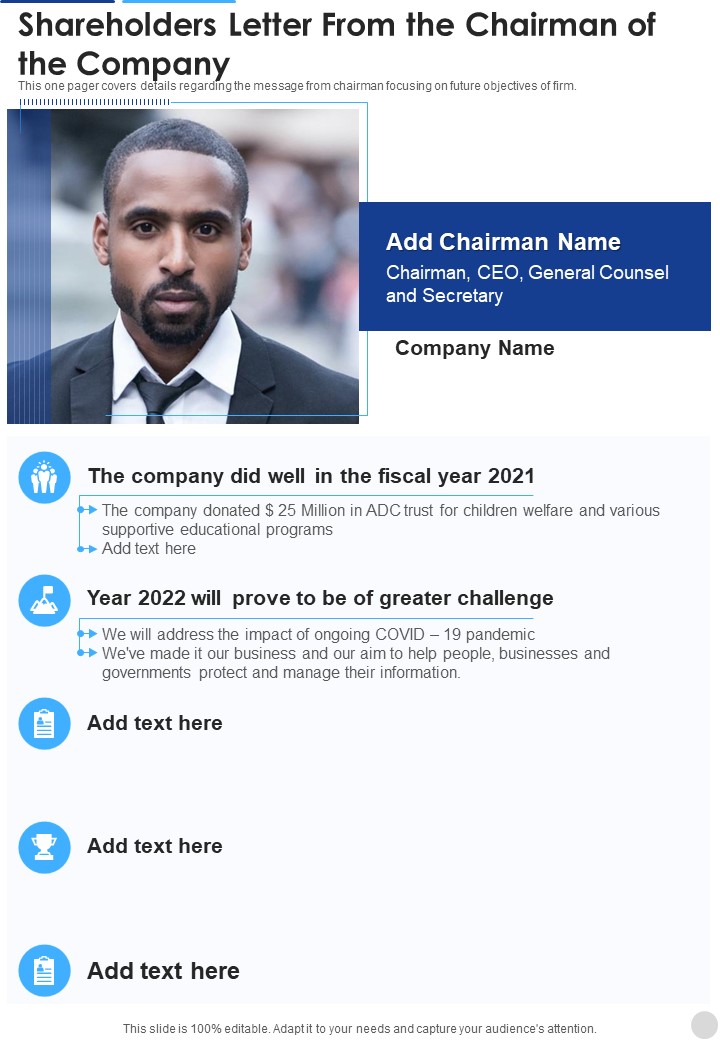 Shareholders Letter From The Chairman Of The Company Template 355 One Pager Documents