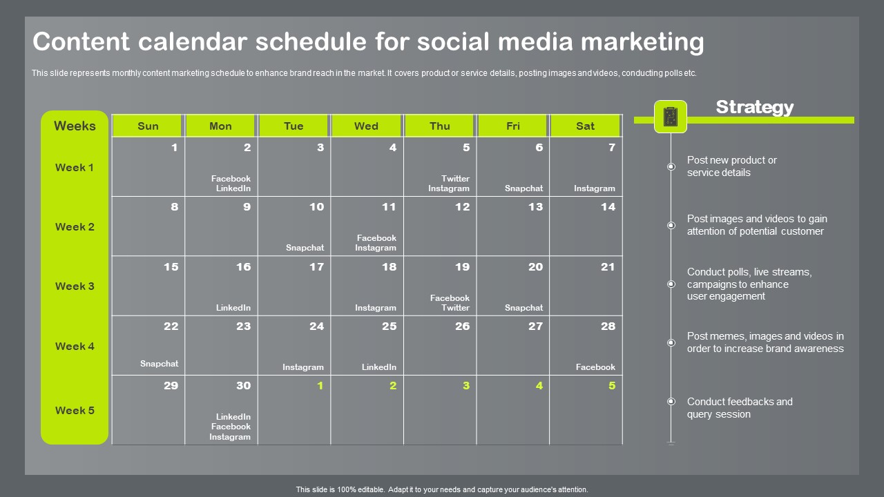 Shopper And Client Marketing Plan To Boost Sales Content Calendar Schedule For Social Media Marketing Information PDF