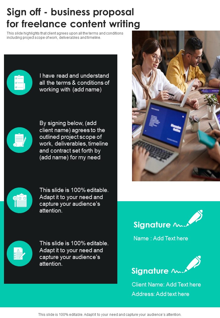 Sign Off Business Proposal For Freelance Content Writing One Pager Sample Example Document