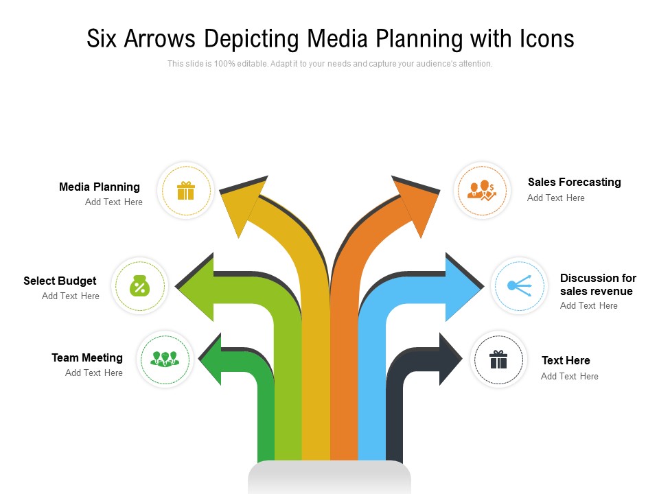 Six Arrows Depicting Media Planning With Icons Ppt PowerPoint Presentation File Graphic Images PDF