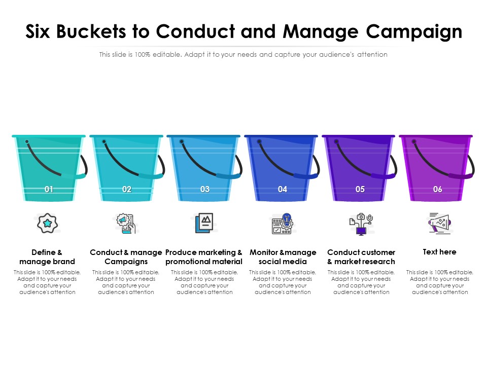 Six Buckets To Conduct And Manage Campaign Ppt PowerPoint Presentation File Diagrams PDF